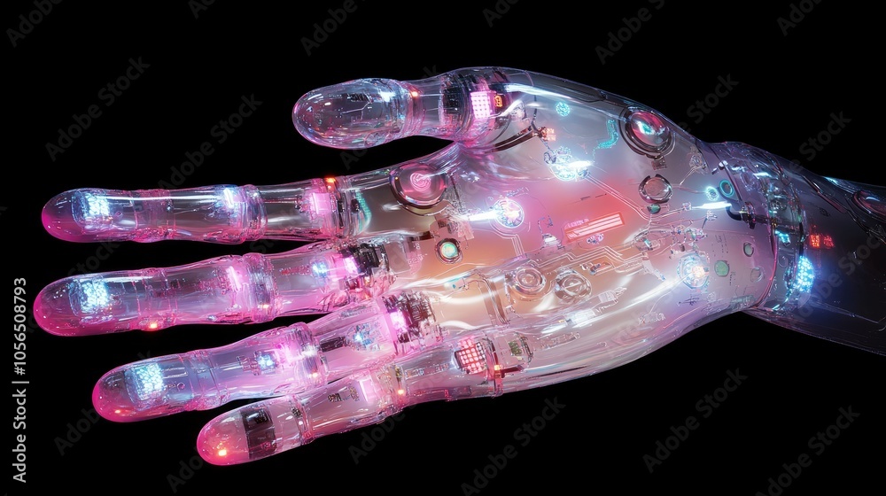 Poster high-tech transparent robotic hand with intricate circuitry and futuristic lighting