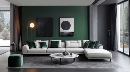 A modern living room with dark green walls combined with light gray furniture