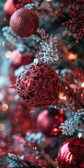 Obraz premium A detailed shot of red Christmas ornaments hanging on a beautifully decorated tree, illuminated by sparkling lights.