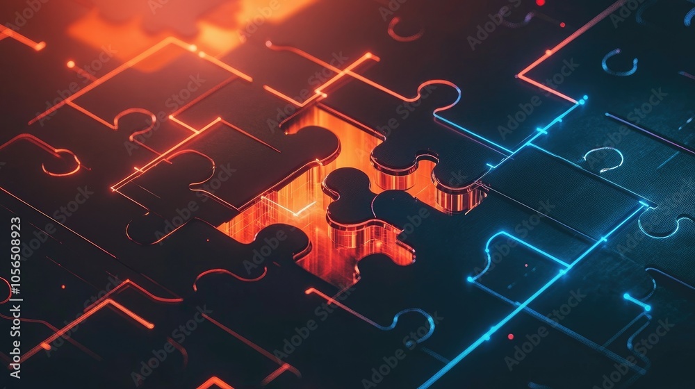 Poster Interconnected tech puzzle pieces with abstract lines, symbolizing digital API integration