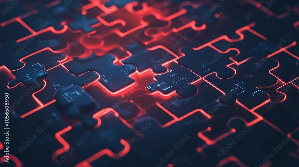 Fototapete Interconnected tech puzzle pieces with abstract lines, symbolizing digital API integration