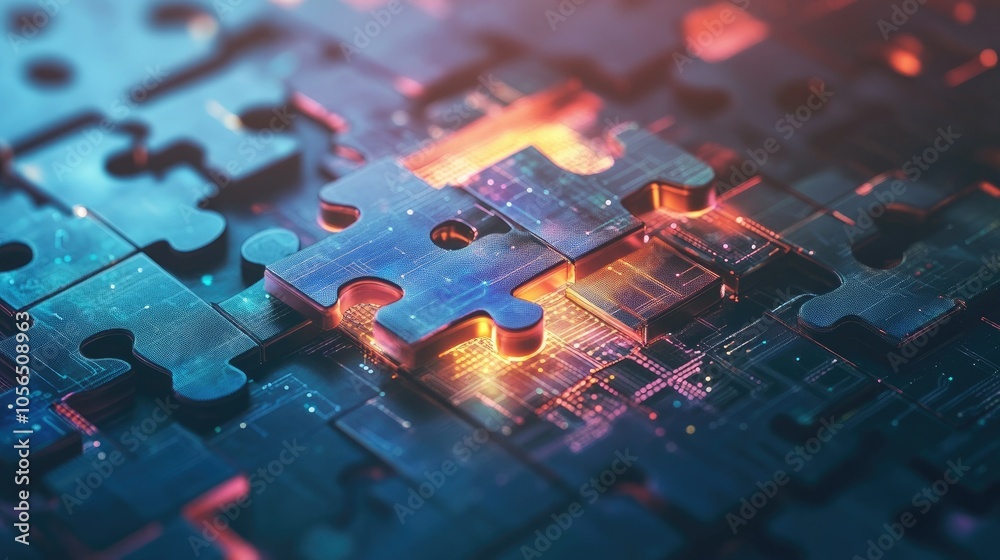 Poster Interconnected tech puzzle pieces with abstract lines, symbolizing digital API integration