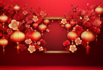 Fototapeta premium A red background is adorned with golden-trimmed lanterns, delicate cherry blossoms, and a framed rectangle.
