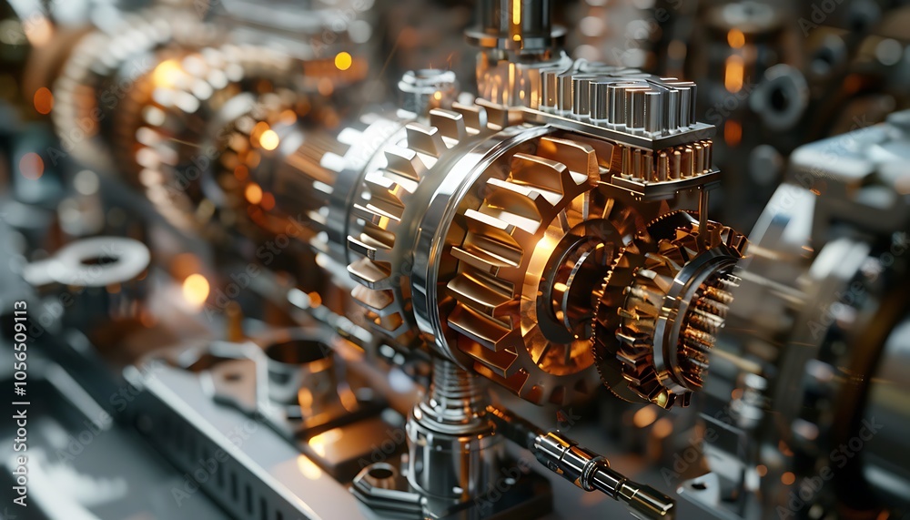 Poster A close-up view of a shiny, intricate mechanical gear system, showcasing the precision and complexity of engineering design.