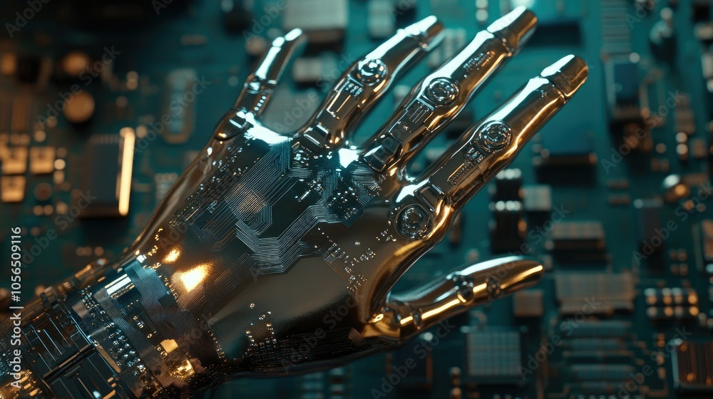 Poster metallic ai hand reaching towards digital interface with circuit board details