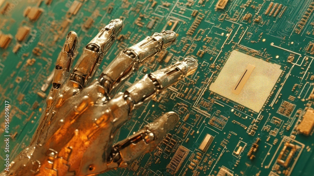 Poster Metallic AI hand reaching towards digital interface with circuit board details