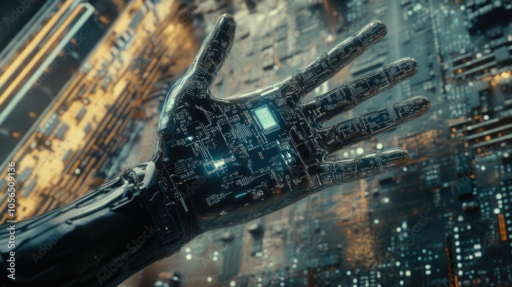 Poster metallic ai hand reaching towards digital interface with circuit board details