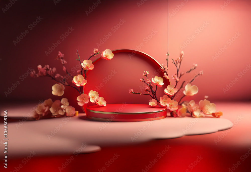 Poster a golden podium sits on a red platform adorned with pink blossoms and surrounded by a red, semi-circ