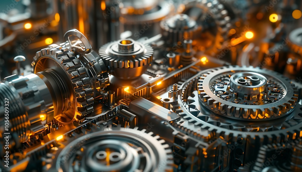Poster a detailed view of interlocking metallic gears illuminated by warm lights, showcasing intricate desi