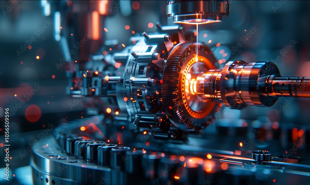 Poster A highly detailed mechanical component with glowing elements, showcasing advanced engineering and technology in a dynamic, industrial setting.