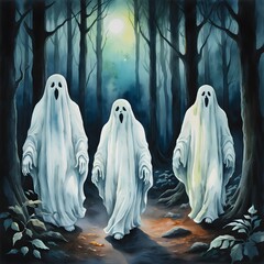 A Stunning Watercolor Artwork of Ethereal Ghosts Glowing in a Dark Forest, Capturing the Enigmatic Beauty of Spirits in an Oil Painting Style, Perfect for Halloween Decor and Artistic Displays