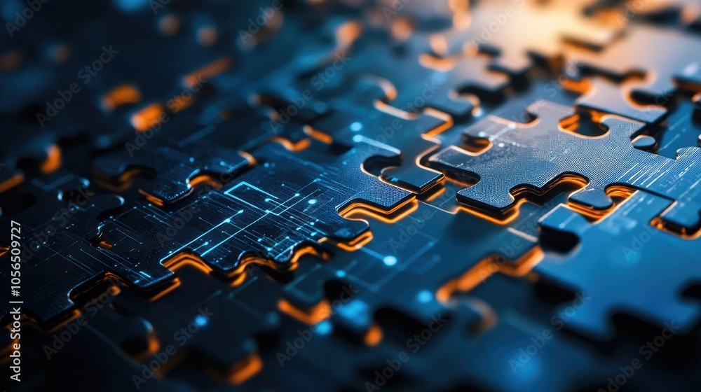 Poster Puzzle pieces connected by tech-inspired lines, representing seamless API and digital data flow