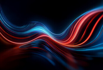 Abstract digital art with red and blue glowing lines forming a wave.