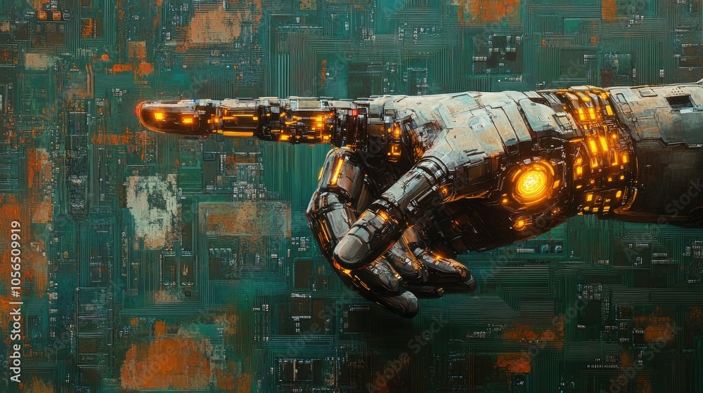 Poster robot hand with led-lit fingers pointing to digital circuit board, futuristic tech theme