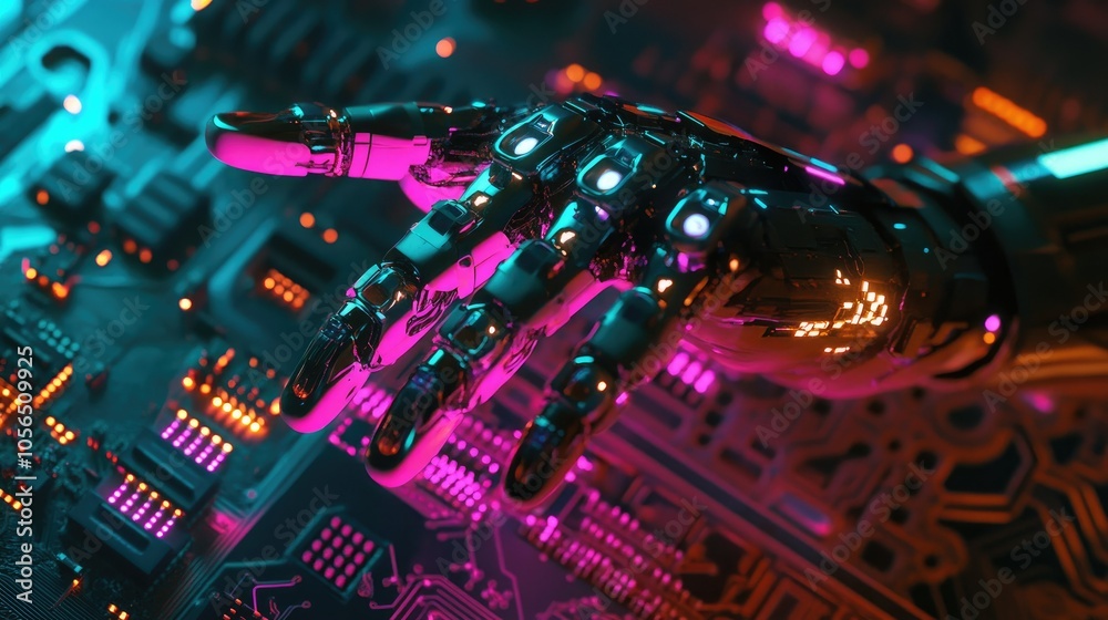 Poster Robot hand with LED-lit fingers pointing to digital circuit board, futuristic tech theme
