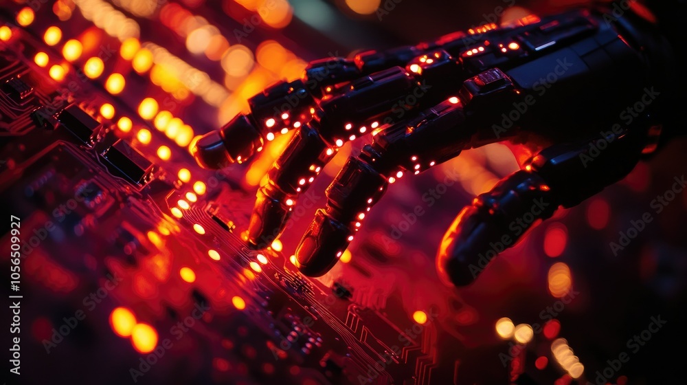 Poster robot hand with led-lit fingers pointing to digital circuit board, futuristic tech theme
