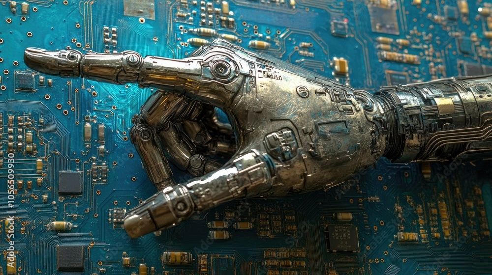 Poster Robotic AI hand with metallic design pointing towards a blue circuit board background