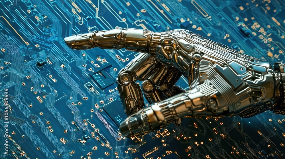 Poster robotic ai hand with metallic design pointing towards a blue circuit board background