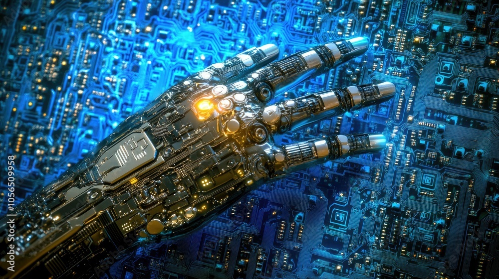 Poster Robotic AI hand with metallic design pointing towards a blue circuit board background