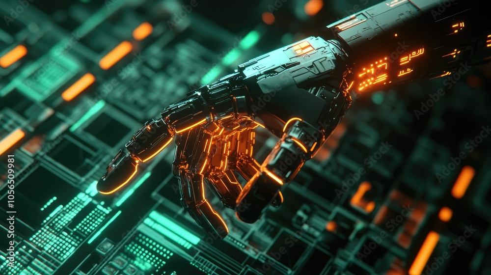 Poster Robotic hand with glowing circuits pointing towards digital technology background