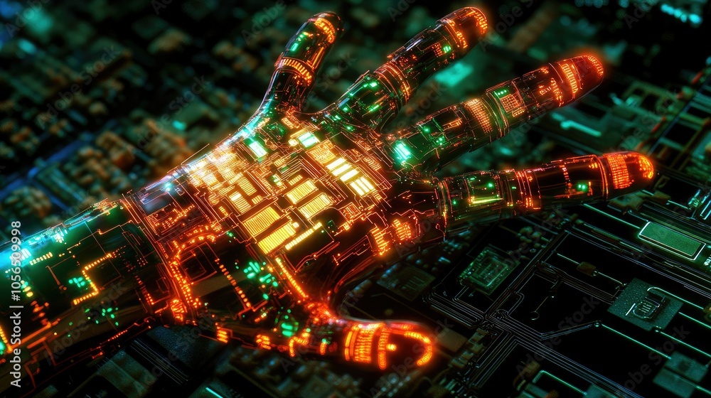 Aufkleber Robotic hand with glowing circuits pointing towards digital technology background