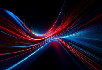 Abstract digital art with vibrant red and blue streaks of light against a black background.