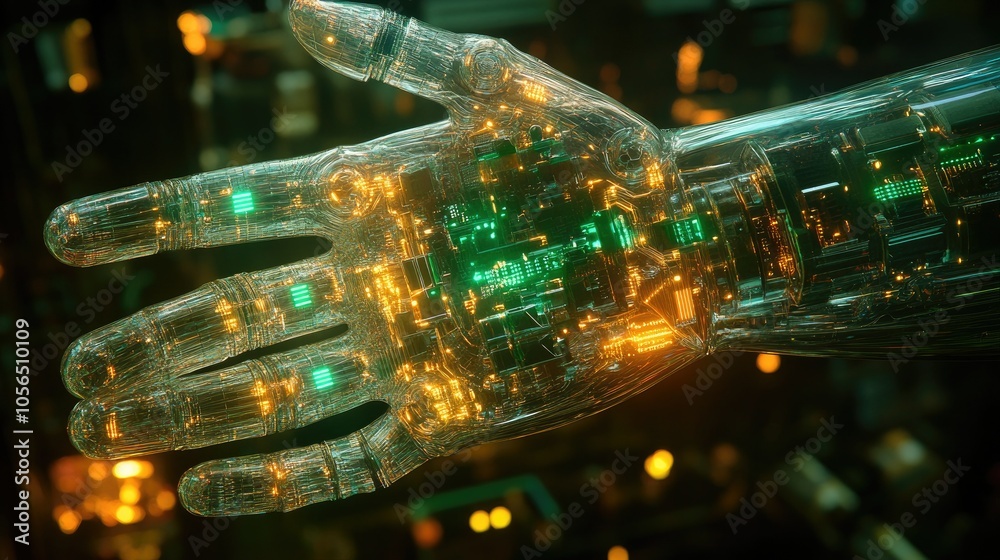 Poster robotic hand with transparent structure, revealing internal components and glowing circuits
