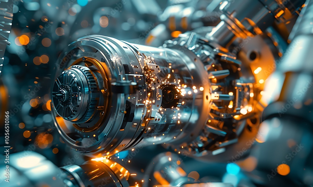 Aufkleber A close-up view of intricate machinery featuring metallic components with glowing lights, showcasing advanced technology and engineering.