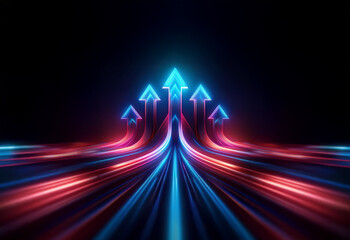 Five glowing arrows point upwards in the center of a glowing red and blue light trail.