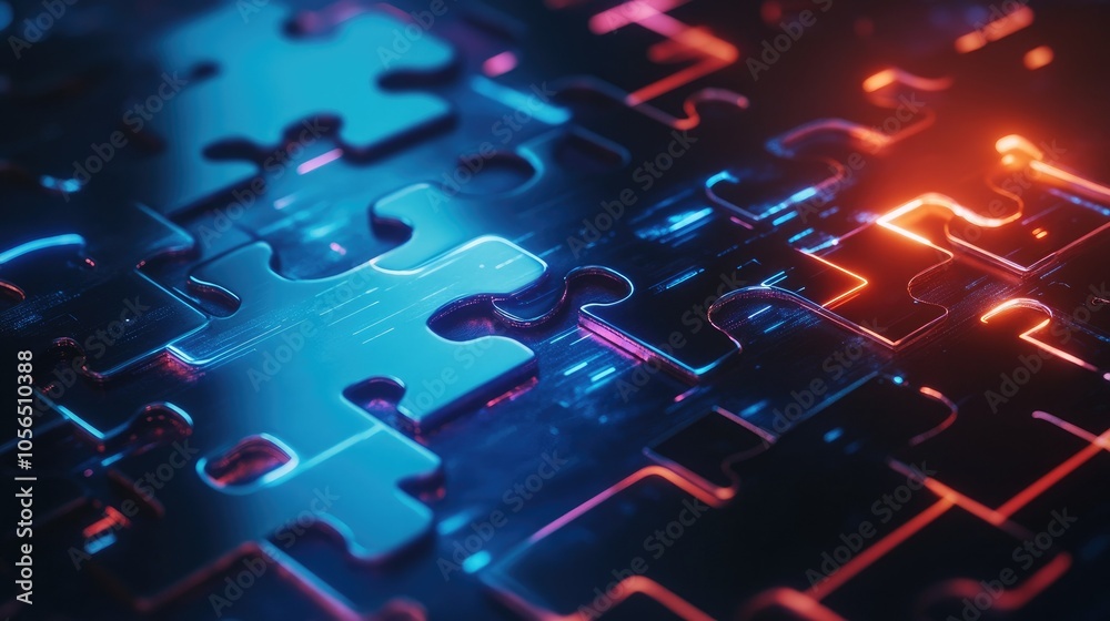 Poster Tech-infused background with puzzle pieces and digital lines, symbolizing seamless connectivity