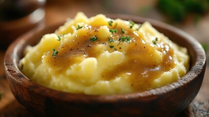 A bowl of mashed potatoes garnished with herbs and drizzled in a rich brown gravy,