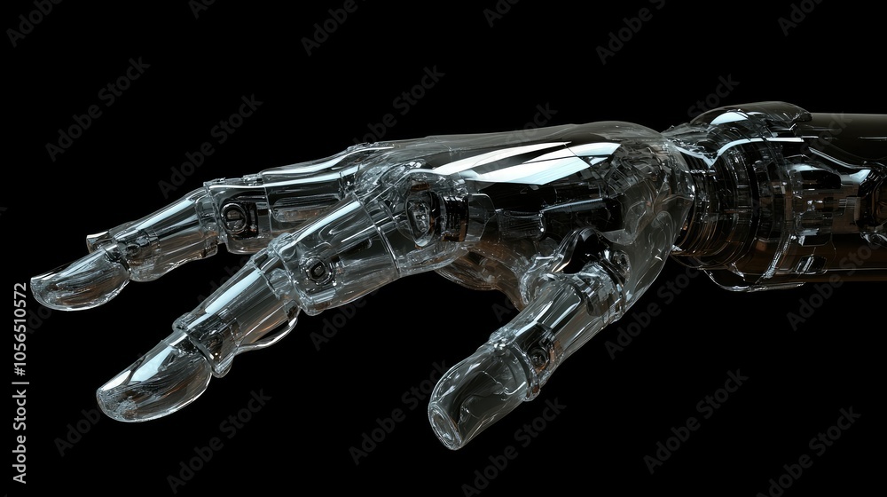 Poster transparent robotic hand with sleek, futuristic design reaching out on dark background