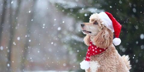 A golden poodle wearing a red Santa hat and scarf, looking up with a blurred background of falling snow and green trees.