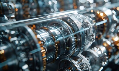 Fototapeta premium A close-up of intricate mechanical gears and components, showcasing precision engineering and metallic textures in a complex arrangement.