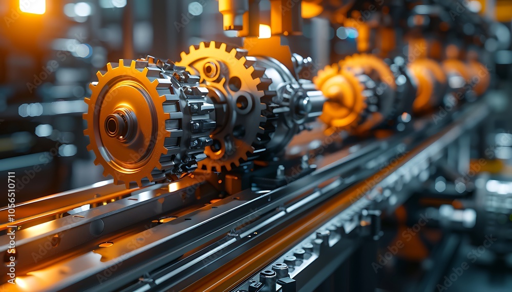 Poster A close-up view of interlocking gears and machinery parts in a factory setting, emphasizing industrial technology and mechanical precision.
