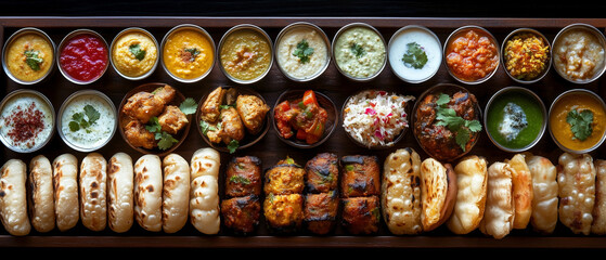 Fototapeta premium Indian Food Platter with Dips, Sides and Naan Bread.