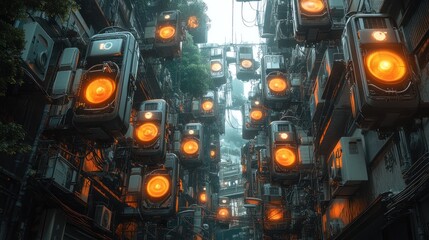 Futuristic urban scene with glowing devices amidst dense structures.