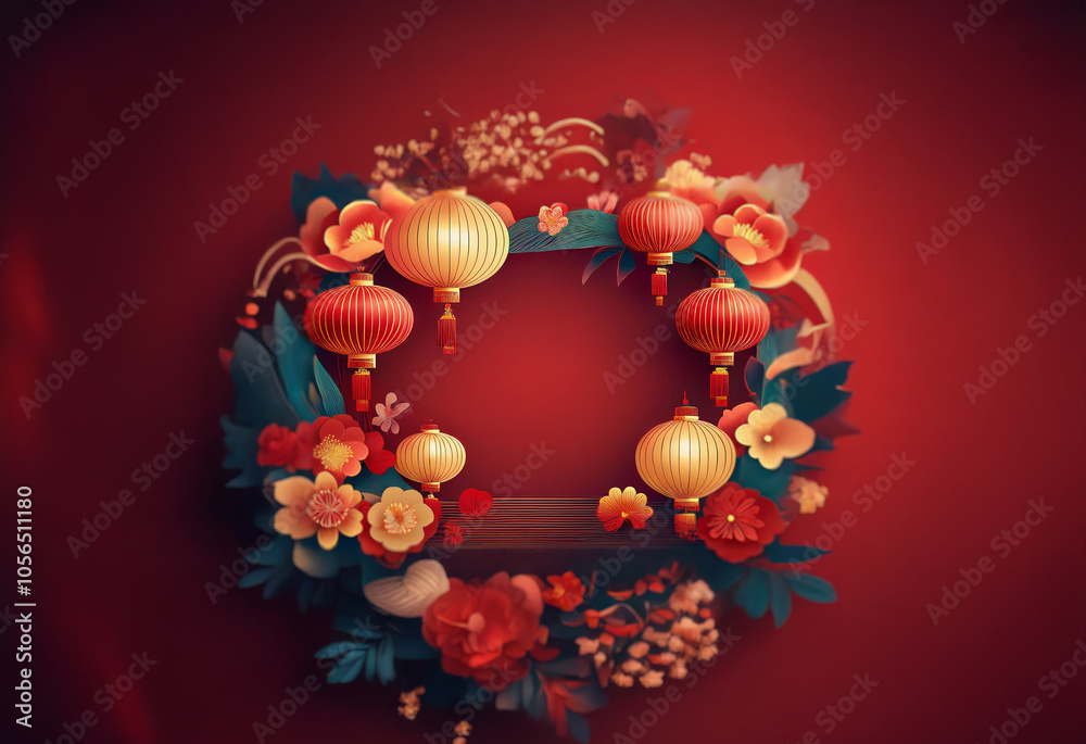 Poster a circular wreath of flowers and chinese lanterns with a wooden platform in the center against a red