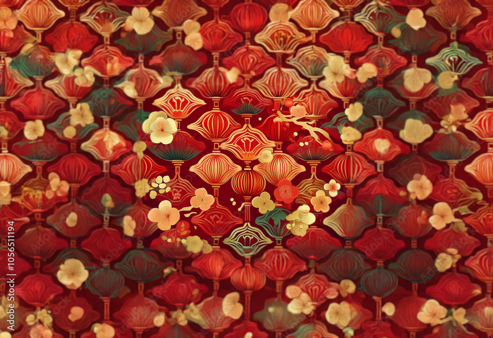 Poster a repeating pattern of red, orange, and white shapes with a hint of teal.