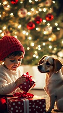  young little boy opening gifts with his pet inside a house during christmas celebration