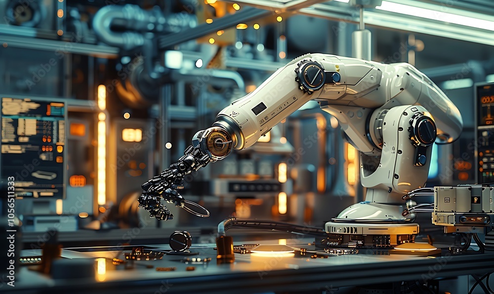 Poster A detailed robotic arm operates in a high-tech industrial setting, showcasing advanced automation and intricate machinery.