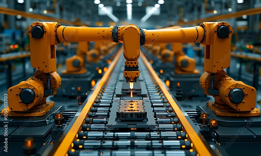Poster A close-up view of robotic arms on an automated assembly line, showcasing advanced manufacturing technology in a factory setting.