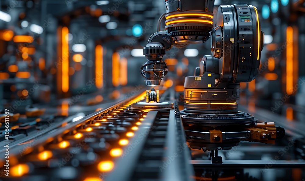 Poster a futuristic robotic arm on a conveyor belt in a high-tech manufacturing environment, illuminated by