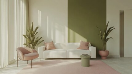 A modern living room with white walls, a green accent wall, and blush pink cushions on a white sofa