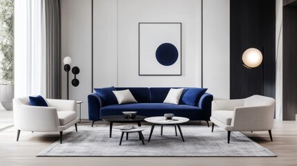 A modern living room with white walls, a navy blue velvet sofa, and light gray armchairs