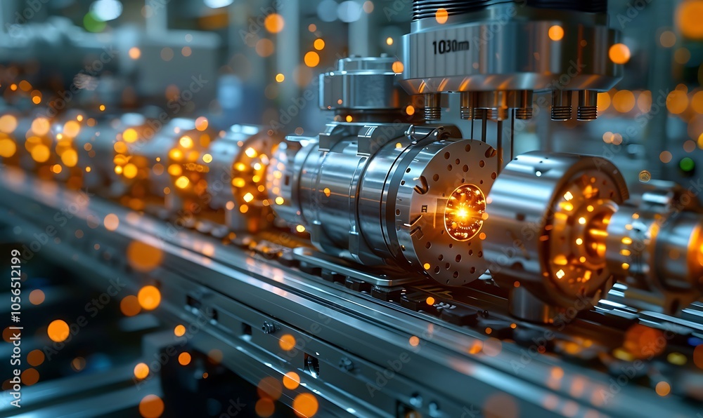 Poster a close-up of a metallic industrial machine with glowing elements, showcasing advanced engineering a