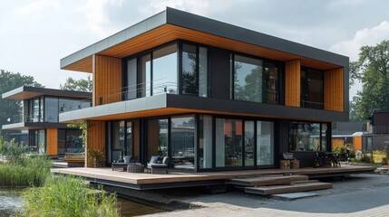 Modern two-story house with large windows and wooden accents.