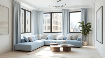 A modern living room with white walls, a sky blue sectional sofa, and beige throw pillows