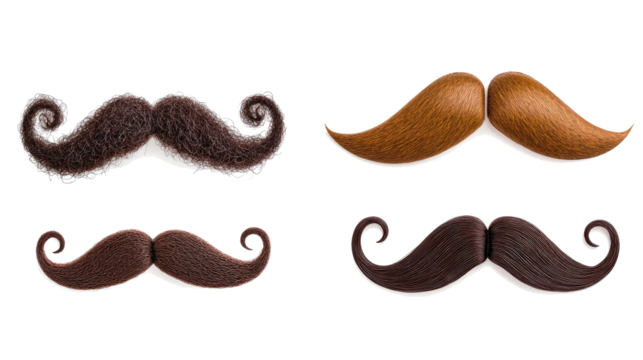 Collection of Black Curly Mustaches on a Transparent Background Generative AI