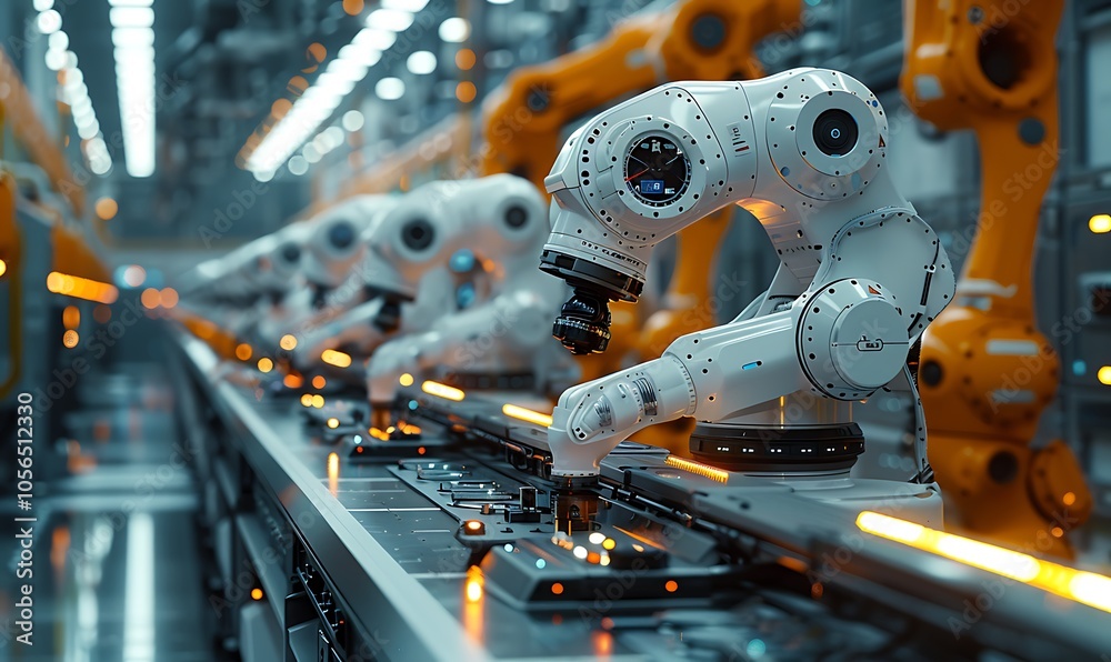 Aufkleber a futuristic factory scene featuring advanced robotic arms efficiently assembling products on a conv